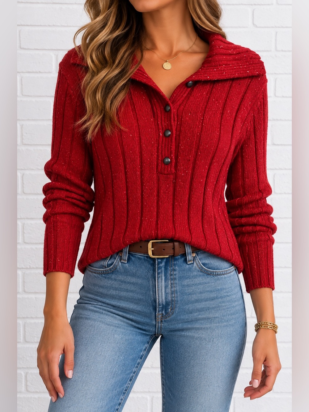 Y2K Liz & Co Red Flecked Ribbed Henley Sweater XL Collared 2000s